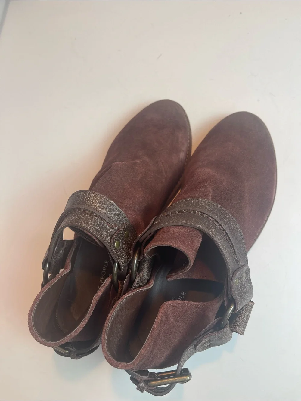 Free People Belle Harness Boots Brown Suede Leather Ankle Booties Buckle Size 8